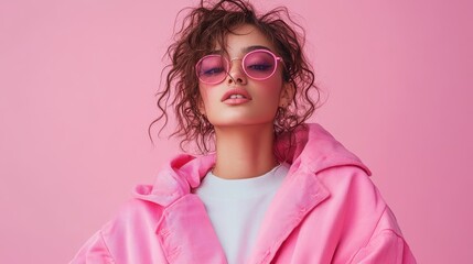 A confident woman wearing a pink coat and stylish sunglasses stands poised against a vivid pink backdrop, highlighting her elegance and modern fashion sense.
