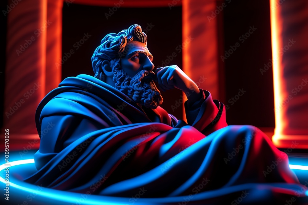 Aufkleber Interactive 3D digital scene of a stoic thinker in a futuristic classroom, where users can explore holographic scrolls and teachings in a fully immersive, animated environment