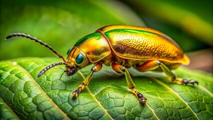 Vibrant Golden Beetle Crawling on Green Leaf in Natural Habitat Showing Nature’s Splendor and Beauty