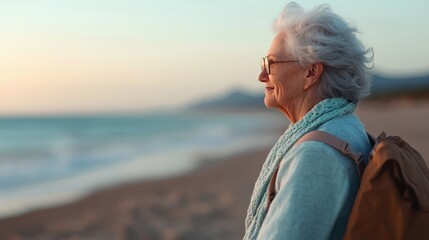 An older woman with glasses and a backpack enjoys a calm morning at the beach, looking content and reflective as the sun rises over the sea.