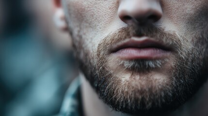 Obraz premium This image captures a detailed close-up of a man's bearded chin and lips, highlighting textures and features of facial hair and skin in an introspective manner.