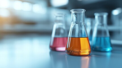 Laboratory beakers contain blue and orange solutions, set on a clean surface, symbolizing scientific discovery and the exciting world of chemical research.
