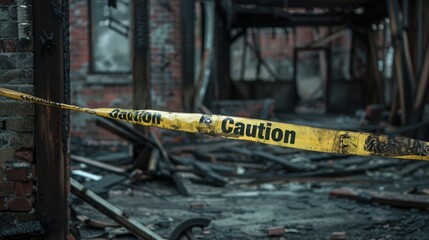 Caution tape stretches across the debris of a fire-damaged building, a stark reminder of the destructive power of fire.