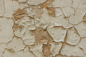 Detailed close-up of cracked, peeling white paint on a rough textured wall, exposing the underlying brown surface. The texture highlights decay and aging.