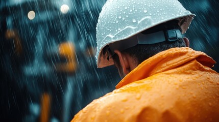 A dramatic, rear-facing shot of a construction worker in the rain, emphasizing the themes of perseverance and commitment characteristic of outdoor labor.