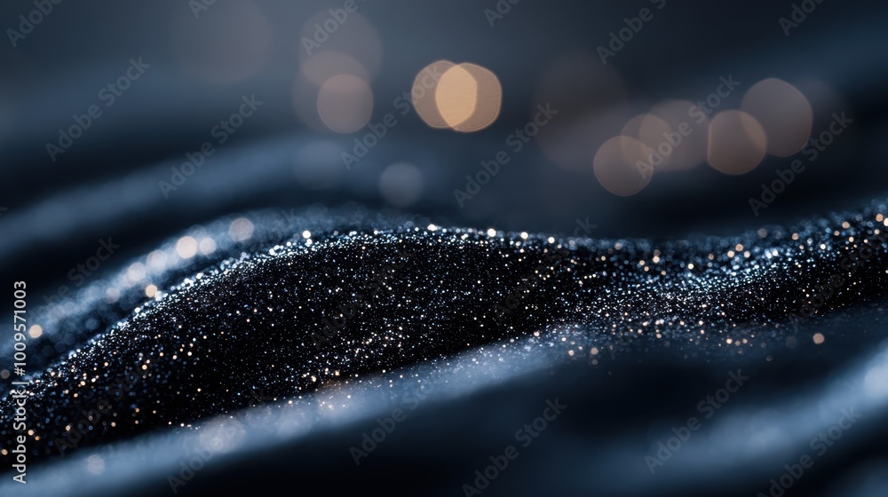 Poster a fascinating view of sand waves with shimmering particles, gently illuminated by bokeh lights, crea
