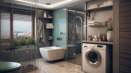 modern bathroom room with toilet and washing machine