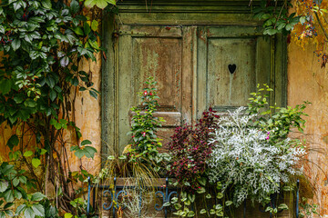 A weathered house facade is covered with thick green ivy, almost obscuring two aged doors. The peeling paint and worn texture add a rustic charm to the scene.