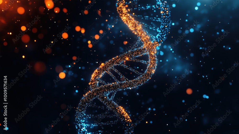 Poster dna double helix with glowing particles and bokeh effect