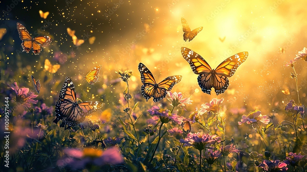 Canvas Prints   Group of butterflies flying over field of purple and yellow flowers during sunny day with sunlight filtering through clouds