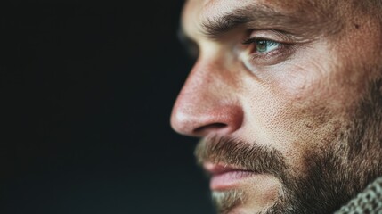 A close-up side profile of a bearded man in deep thought, showcasing his intense gaze and facial features with a dark background, creating a dramatic effect.