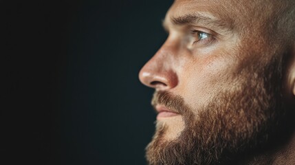 Obraz premium A dark, dramatic close-up profile portrait of a serious man with a focused gaze, highlighting his features and creating an intense atmosphere.