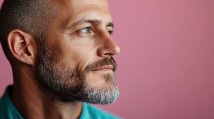 Obraz premium A side profile of a contemplative man with a beard, looking serene against a light pink background, capturing the essence of thoughtfulness and tranquility.