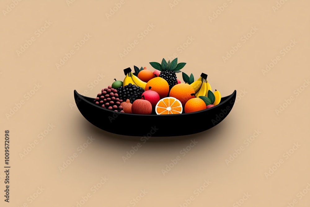 Poster minimalist icon of a boat filled with tropical fruits, using soft colors and simple shapes to repres
