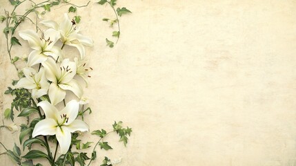 White lilies with green vines on a vintage cream background with copy space.