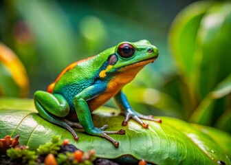 Naklejka premium Vibrant Green Mantella Frog Sitting on a Leaf in its Natural Habitat Surrounded by Lush Vegetation