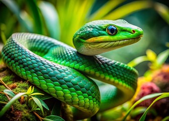 Fototapeta premium Vibrant Green Snake Slithering Through Lush Florida Landscape in Natural Habitat
