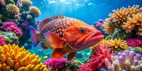 Vibrant Grouper Fish Swimming Among Colorful Coral in a Crystal Clear Tropical Ocean Environment