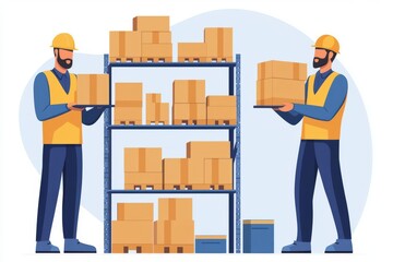 Two workers in hard hats organize boxes on shelves in a warehouse, showcasing teamwork and efficient inventory management.