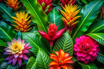 Vibrant Hawaiian Flower Pattern with Tropical Colors and Lush Greenery for Elegant Designs and Decor