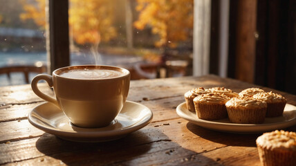 cup of coffee and cookies on wooden table