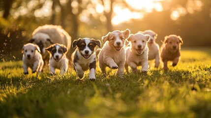Fototapeta premium A pack of pups frolicking in a lush green meadow under the warm sun, surrounded by towering trees