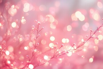 A soft, dreamy background with pink bokeh and delicate branches, evoking a serene atmosphere.