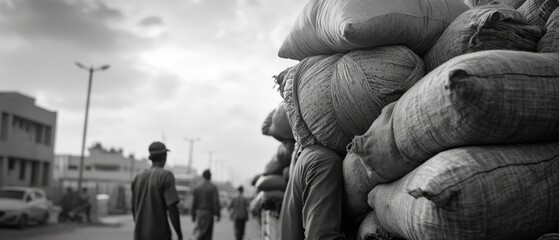 Man walks downtown with a large stack of bagged items