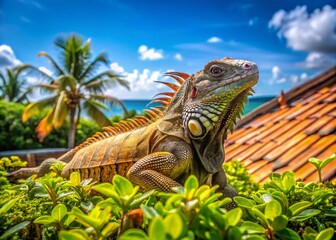 Naklejka premium Vibrant Iguana Sunbathing on a Rooftop Surrounded by Tropical Plants Under a Clear Blue Sky