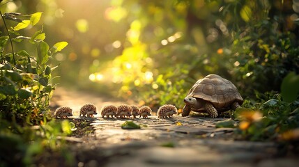 Obraz premium A group of small animals walk down a road alongside a tortoise on the side