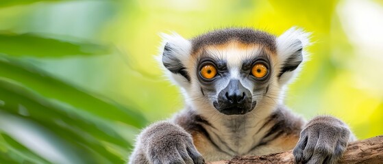 Obraz premium A tight shot of a Lemur on a tree branch surrounded by leaves, with a yellow-eyed animal in the foreground