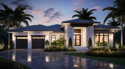 New home construction model home exterior front yard
