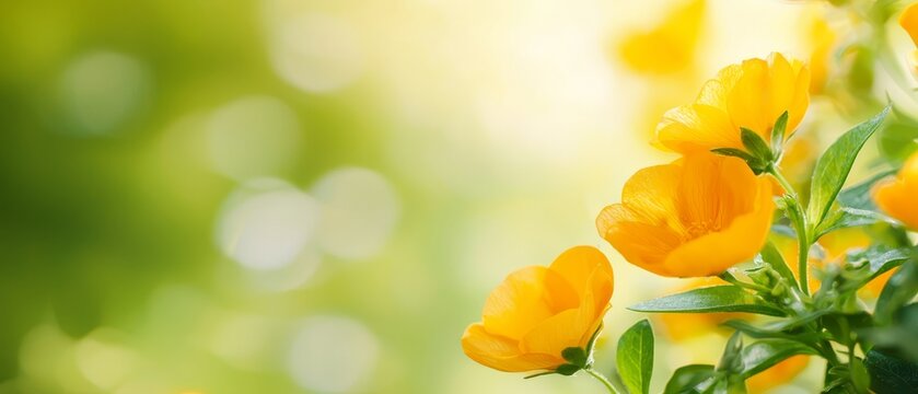 Sunny day with a cluster of yellow flowers and their green leaves Background softly blurred by golden sunlight, casting a warm, diffused bokeh effect