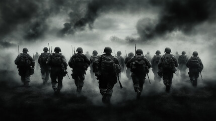 Fototapeta premium A group of soldiers marching through a foggy battlefield, with smoke and clouds in the background. The scene conveys a sense of determination and camaraderie among the troops