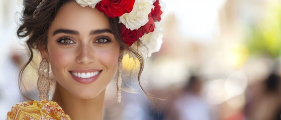  A close-up of a woman wearing a flower in her hair, smiling