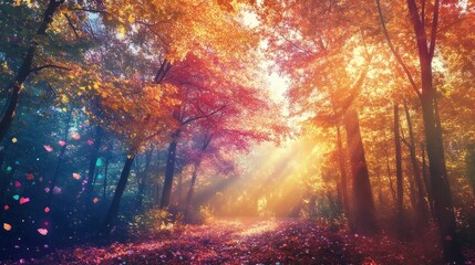 Sunbeams Through Golden Autumn Forest