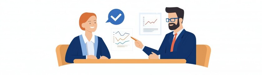 Fototapeta premium Business meeting illustration showing two professionals discussing graphs and strategies in a modern office setting.