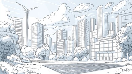 Fototapeta premium A sketched futuristic cityscape featuring wind turbines and clean energy solutions, showcasing urban planning and environmental sustainability in a modern context, Generative AI