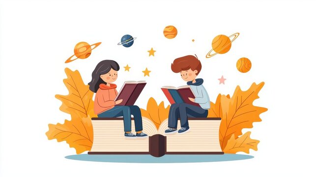 Children reading in a whimsical scene, surrounded by stars and planets, showcasing the magic of imagination and learning.