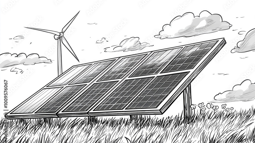 Poster sketch of solar panels and a wind turbine standing on a grassy field, symbolizing the harmony of ren