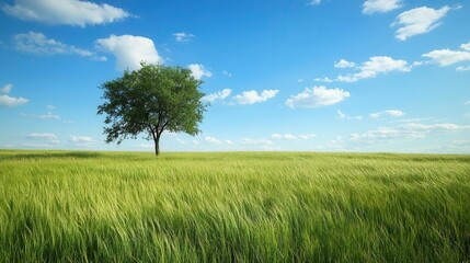 Obraz premium A solitary tree stands amidst a vast green field under a bright blue sky with clouds.
