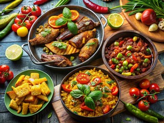 Vibrant Jamaican Cuisine Featuring Traditional Dishes, Fresh Ingredients, and Colorful Presentation