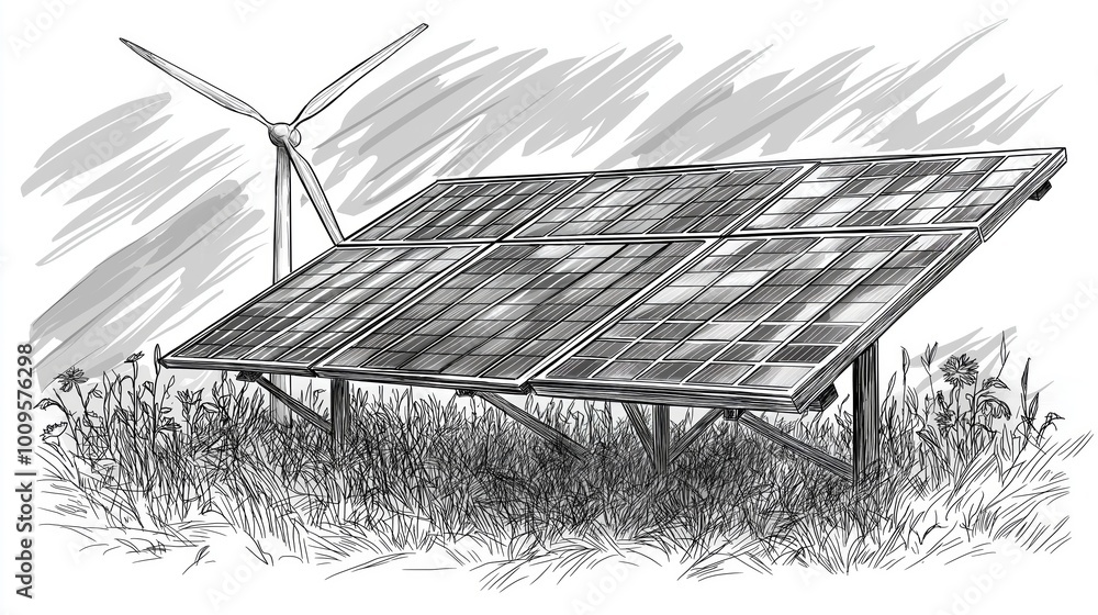 Poster sketch of solar panels and a wind turbine standing on a grassy field, symbolizing the harmony of ren