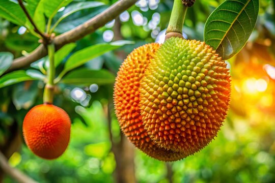 Vibrant Jicaro Fruit Hanging from a Tree with Lush Green Leaves in a Natural Tropical Setting