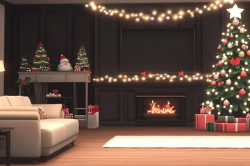 Cozy living room decorated for Christmas with a tree, lights, and festive ornaments in a warm atmosphere