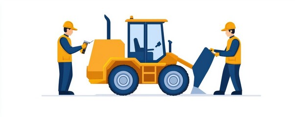 Obraz premium Two construction workers collaborating on a yellow bulldozer, showcasing teamwork in heavy machinery operation.