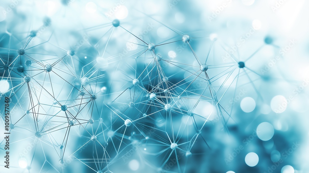 Poster abstract molecular network in a blue-toned design, symbolizing scientific research, technological in