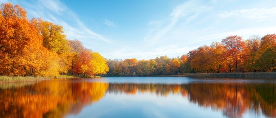 Obraz premium A scenic body of water bordered by numerous trees donning orange and yellow foliage, amidst a backdrop of a blue sky adorned with wispy clouds