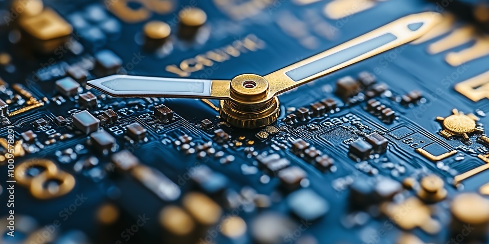 Poster close-up of a clock hand on a microchip, symbolizing the fusion of technology and time, representing