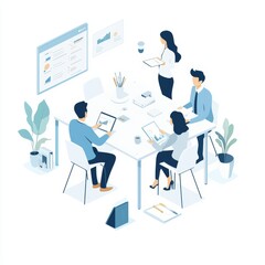 Isometric Office Team Meeting with Digital Tablets and Data Analysis
